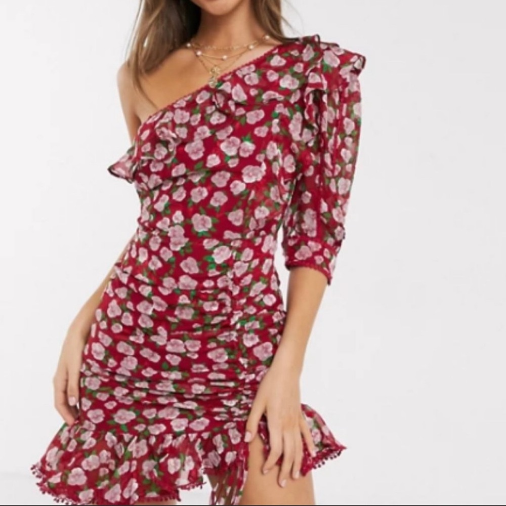 Dark pink one shoulder rushed side mini dress